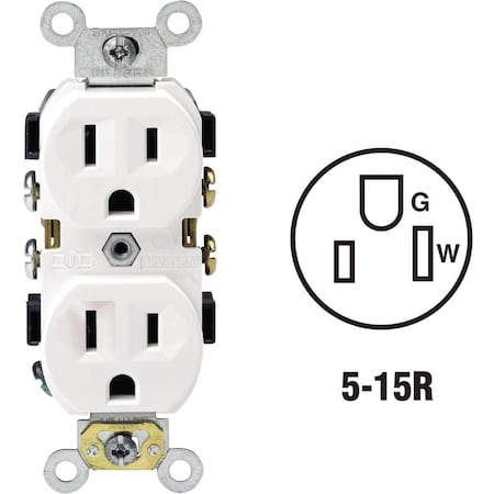 Leviton Straight Blade Receptacle, 5-15R, 15 A, 125V AC, 2 Pole, 3 Wire, Self-Grounded S02-0BR15-0WS